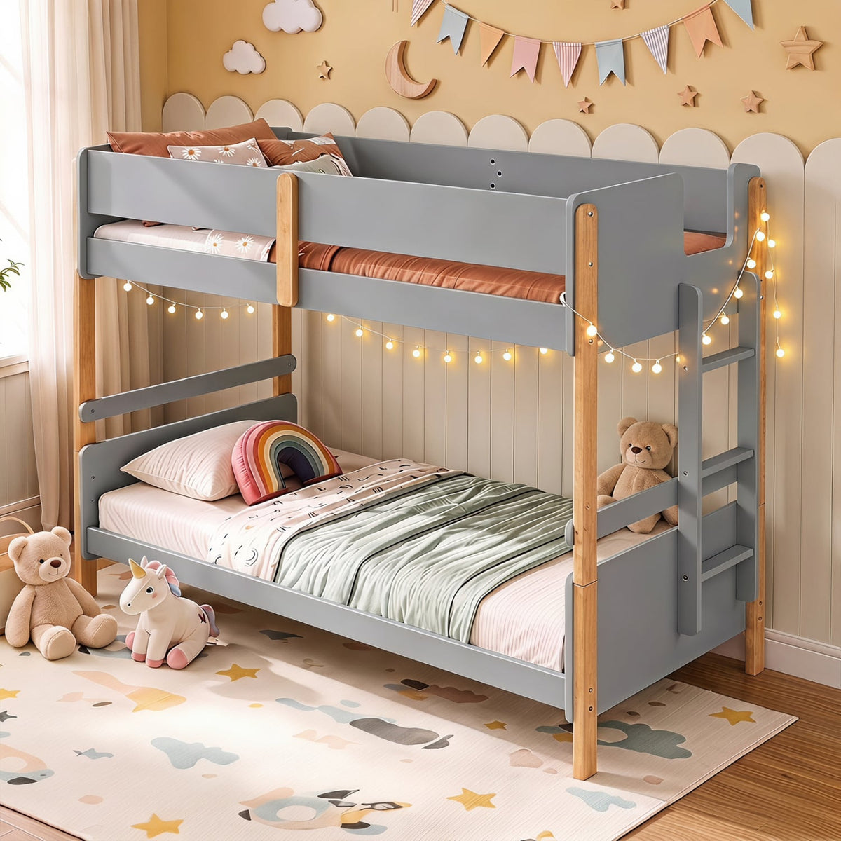 Twin Over Twin Bunk Bed with Ladder Convertible to 2 Twin Beds Toddler Wood Bunk Bed-Grey-Toddler Beds-DECOROLALA