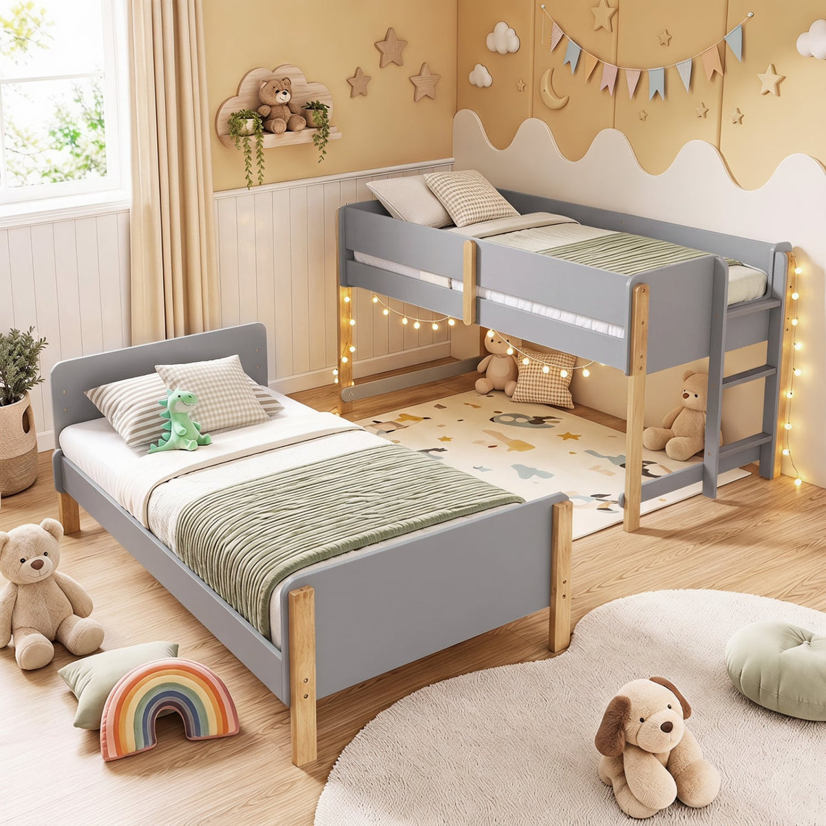 Twin Over Twin Bunk Bed with Ladder Convertible to 2 Twin Beds Toddler Wood Bunk Bed-Grey-Toddler Beds-DECOROLALA