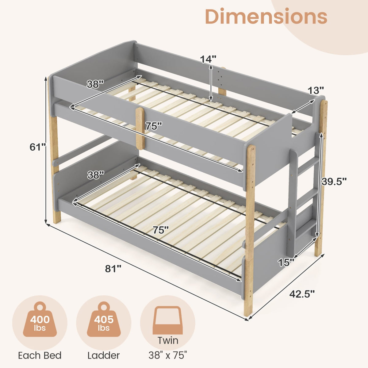 Twin Over Twin Bunk Bed with Ladder Convertible to 2 Twin Beds Toddler Wood Bunk Bed-Grey-Toddler Beds-DECOROLALA