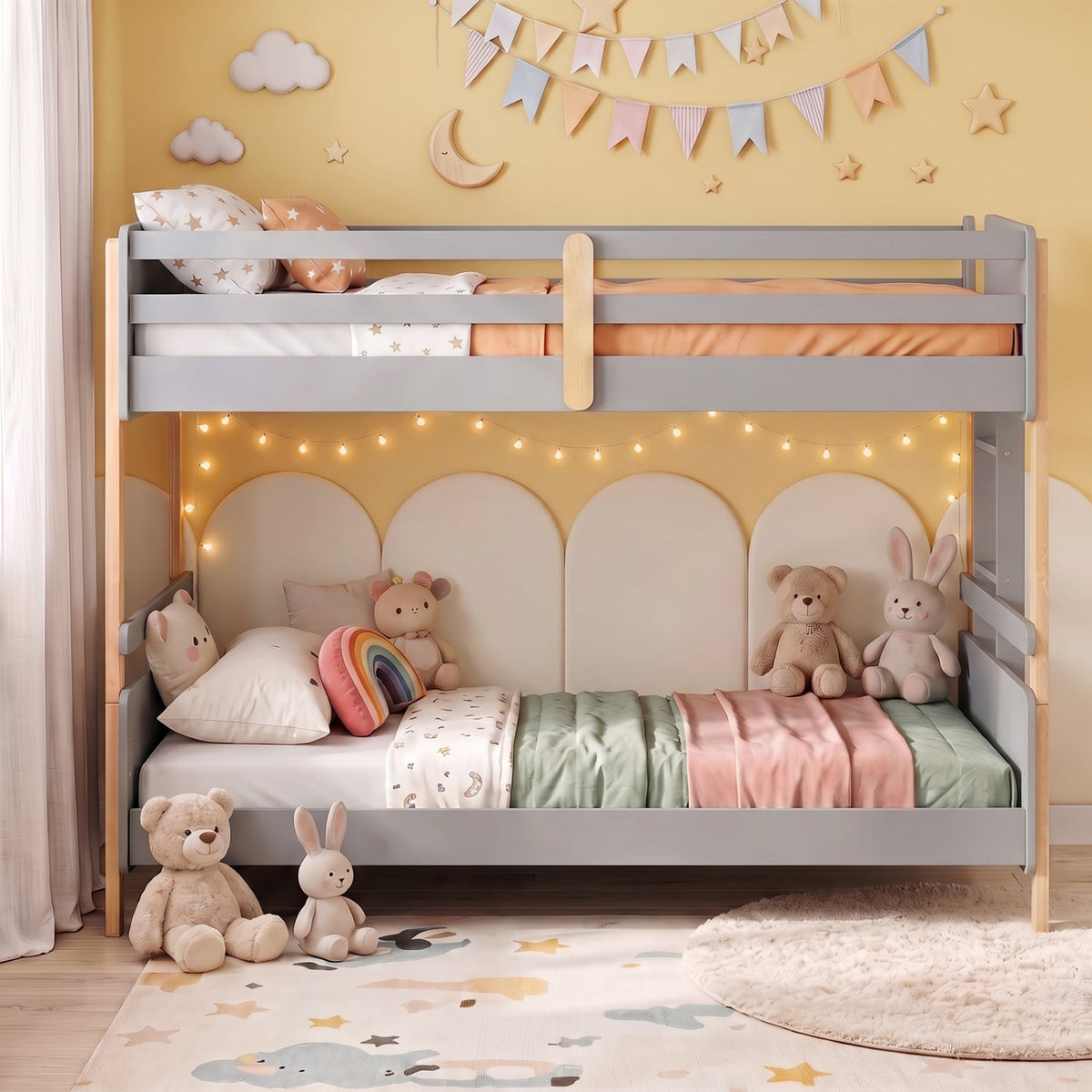 Twin Over Twin Bunk Bed with Ladder Convertible to 2 Twin Beds Toddler Wood Bunk Bed-Grey-Toddler Beds-DECOROLALA