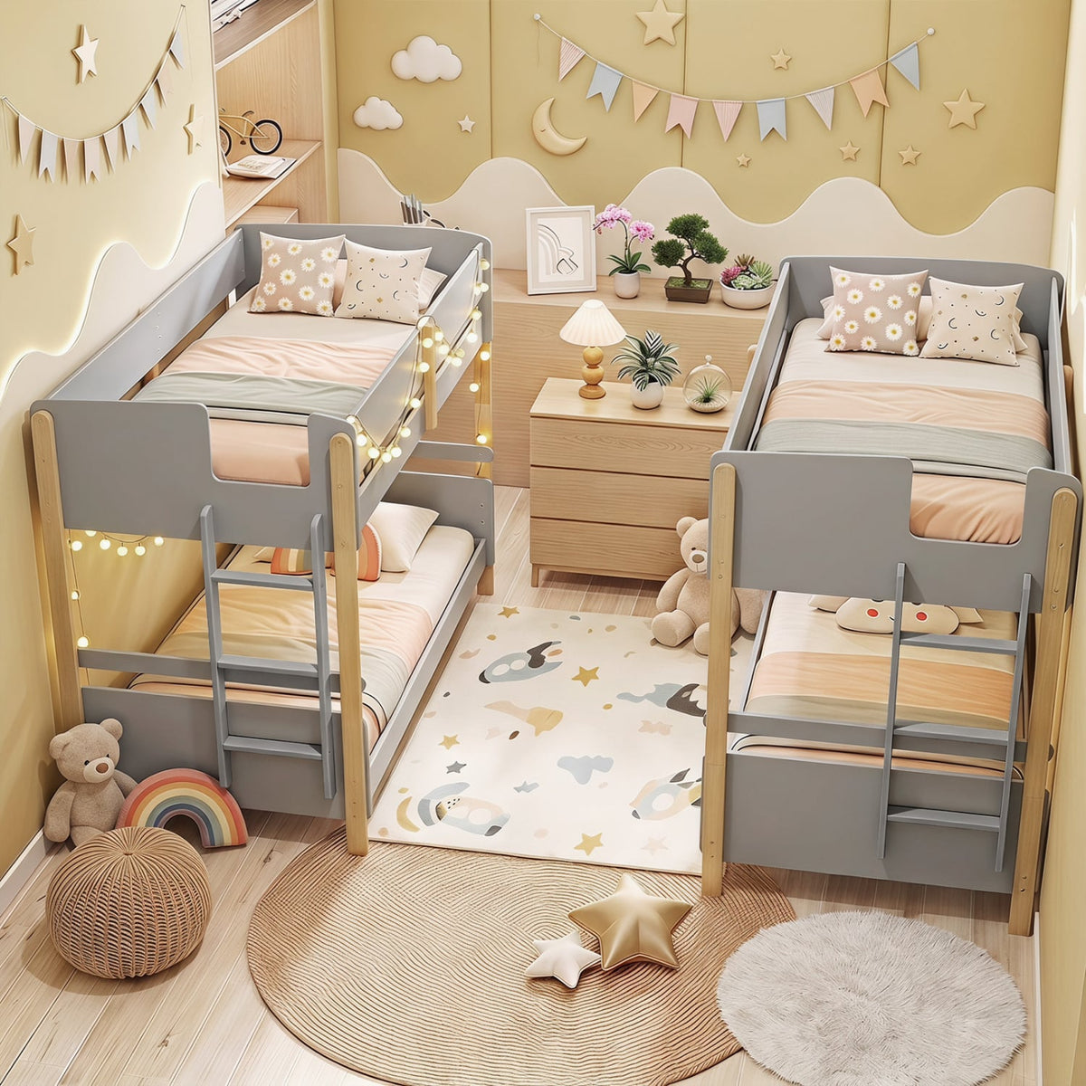 Twin Over Twin Bunk Bed with Ladder Convertible to 2 Twin Beds Toddler Wood Bunk Bed-Grey-Toddler Beds-DECOROLALA