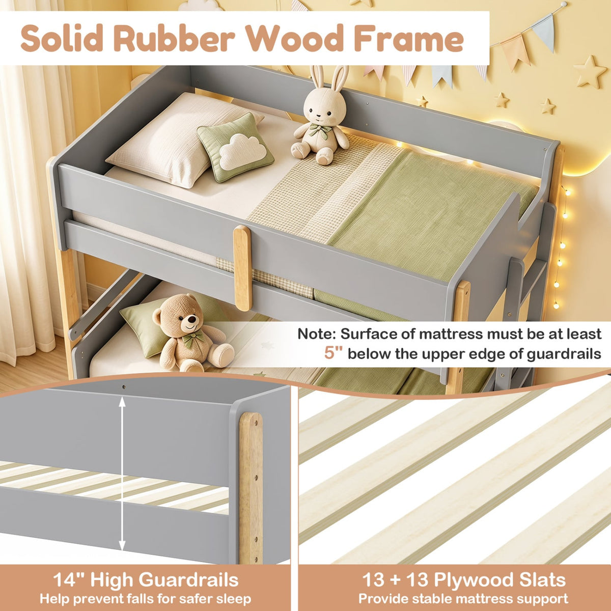 Twin Over Twin Bunk Bed with Ladder Convertible to 2 Twin Beds Toddler Wood Bunk Bed-Grey-Toddler Beds-DECOROLALA