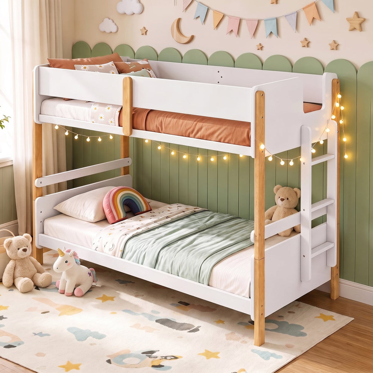 Twin Over Twin Bunk Bed with Ladder Convertible to 2 Twin Beds Toddler Wood Bunk Bed-White-Toddler Beds-DECOROLALA