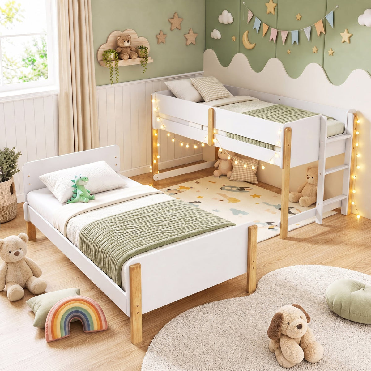 Twin Over Twin Bunk Bed with Ladder Convertible to 2 Twin Beds Toddler Wood Bunk Bed-White-Toddler Beds-DECOROLALA