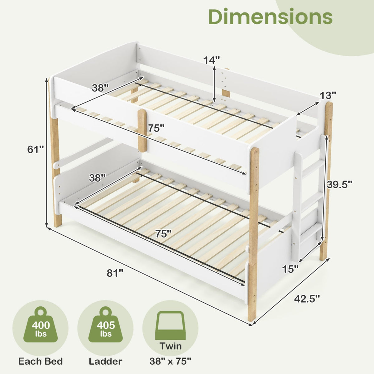 Twin Over Twin Bunk Bed with Ladder Convertible to 2 Twin Beds Toddler Wood Bunk Bed-White-Toddler Beds-DECOROLALA