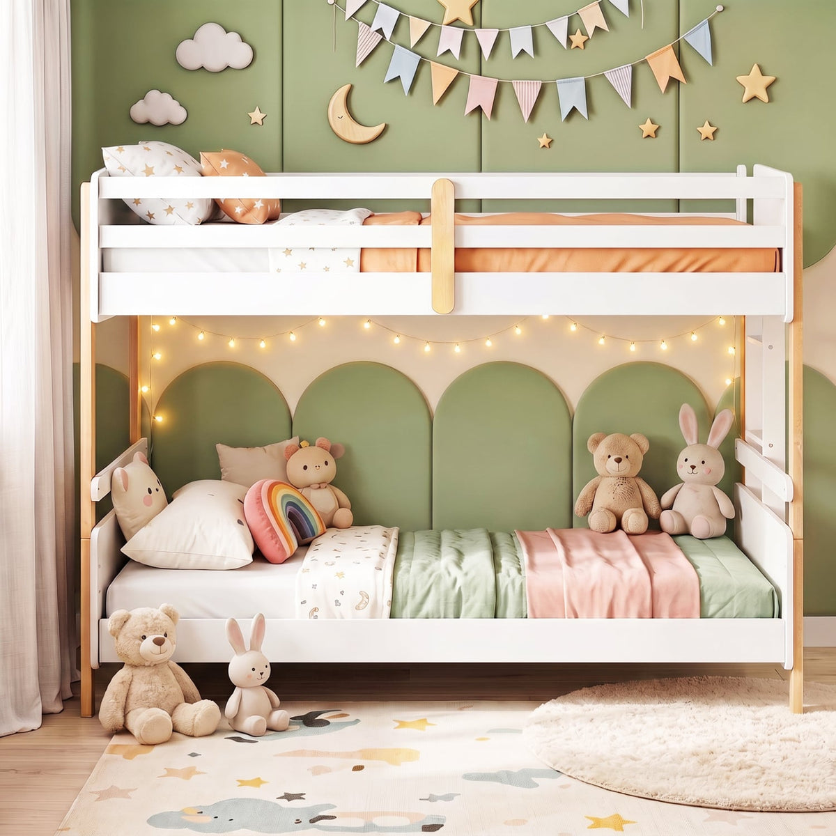 Twin Over Twin Bunk Bed with Ladder Convertible to 2 Twin Beds Toddler Wood Bunk Bed-White-Toddler Beds-DECOROLALA