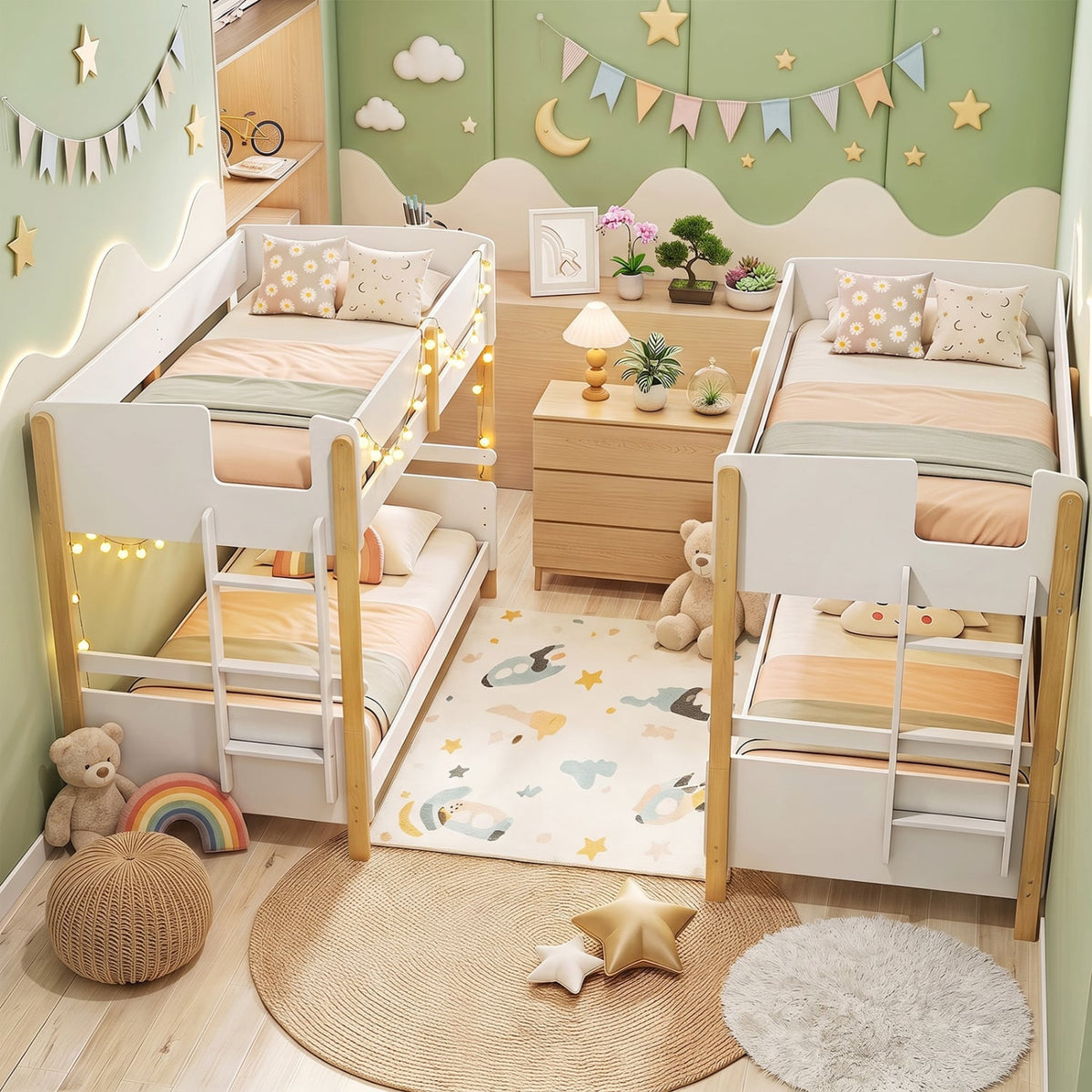 Twin Over Twin Bunk Bed with Ladder Convertible to 2 Twin Beds Toddler Wood Bunk Bed-White-Toddler Beds-DECOROLALA