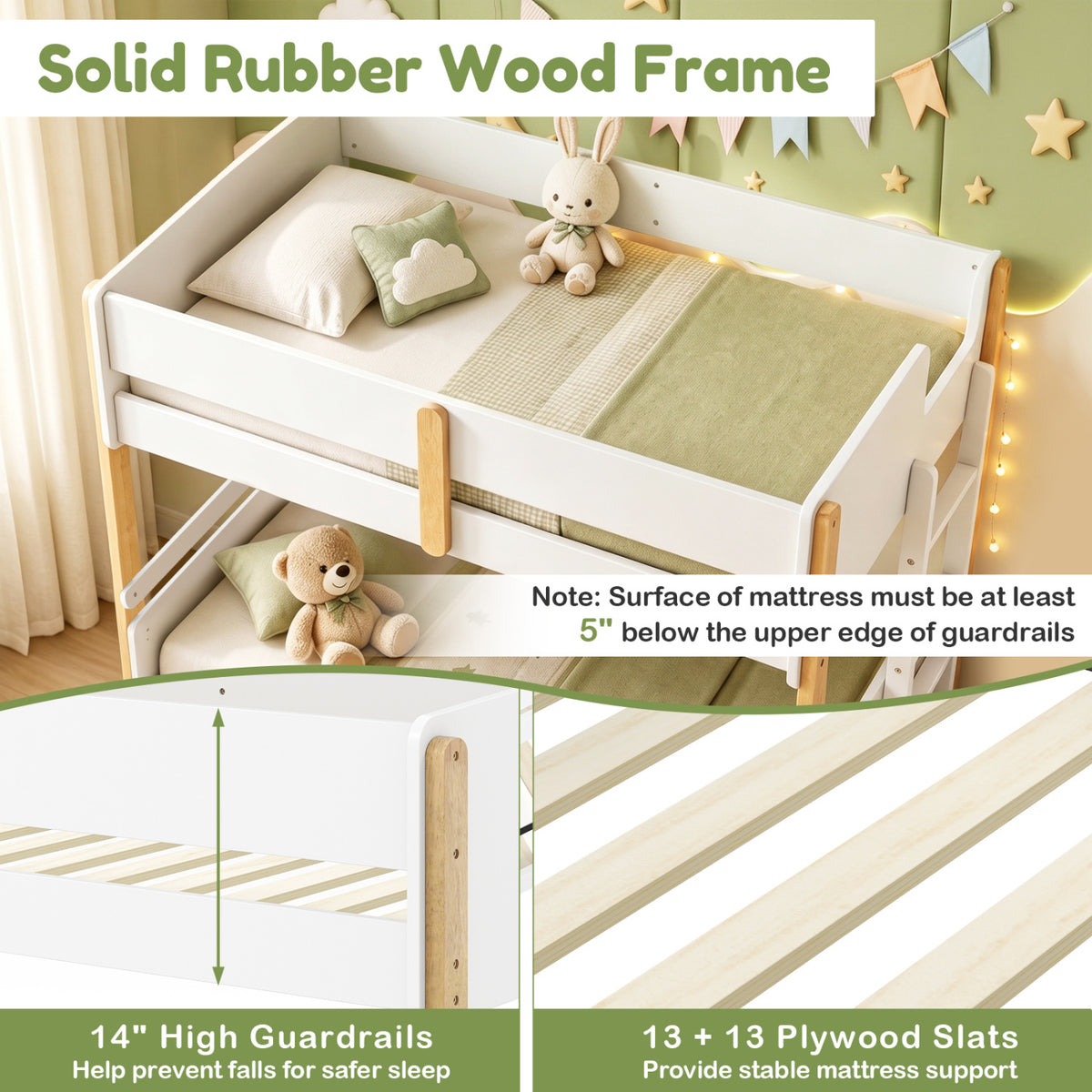 Twin Over Twin Bunk Bed with Ladder Convertible to 2 Twin Beds Toddler Wood Bunk Bed-White-Toddler Beds-DECOROLALA