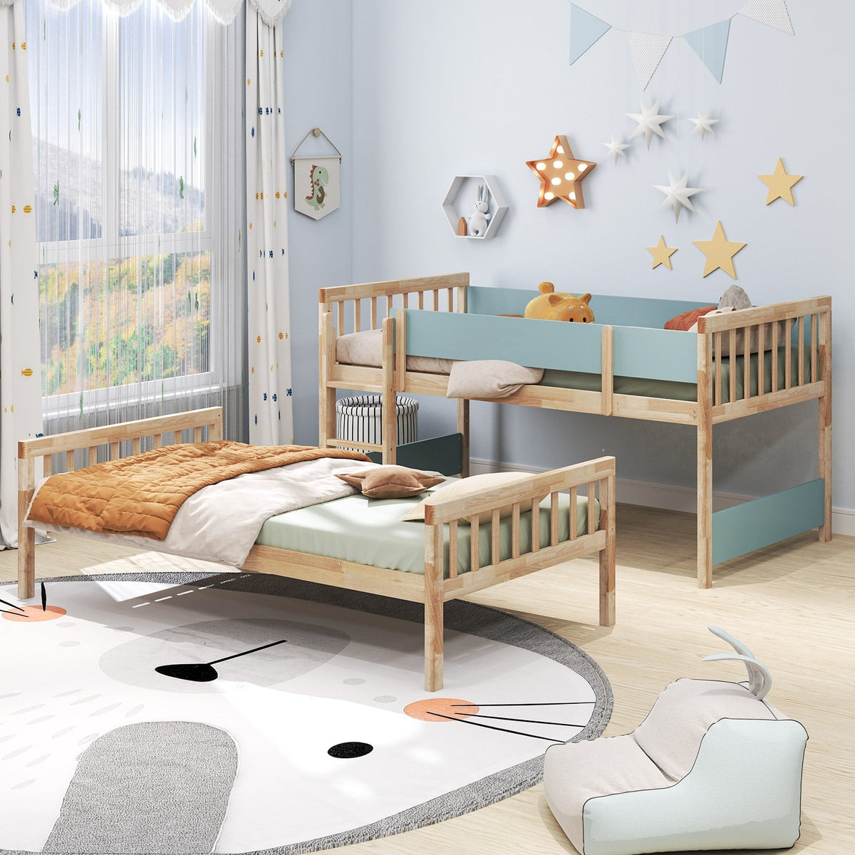 Twin Over Twin Bunk Bed with Ladder and Full-length Guardrails-Natural-Toddler Beds-DECOROLALA