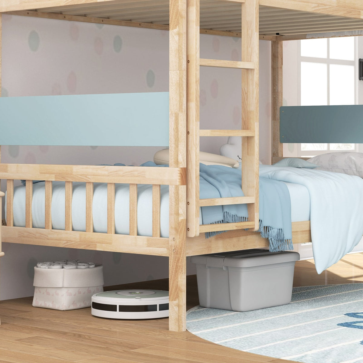 Twin Over Twin Bunk Bed with Ladder and Full-length Guardrails-Natural-Toddler Beds-DECOROLALA