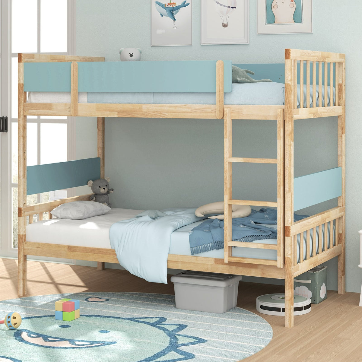 Twin Over Twin Bunk Bed with Ladder and Full-length Guardrails-Natural-Toddler Beds-DECOROLALA