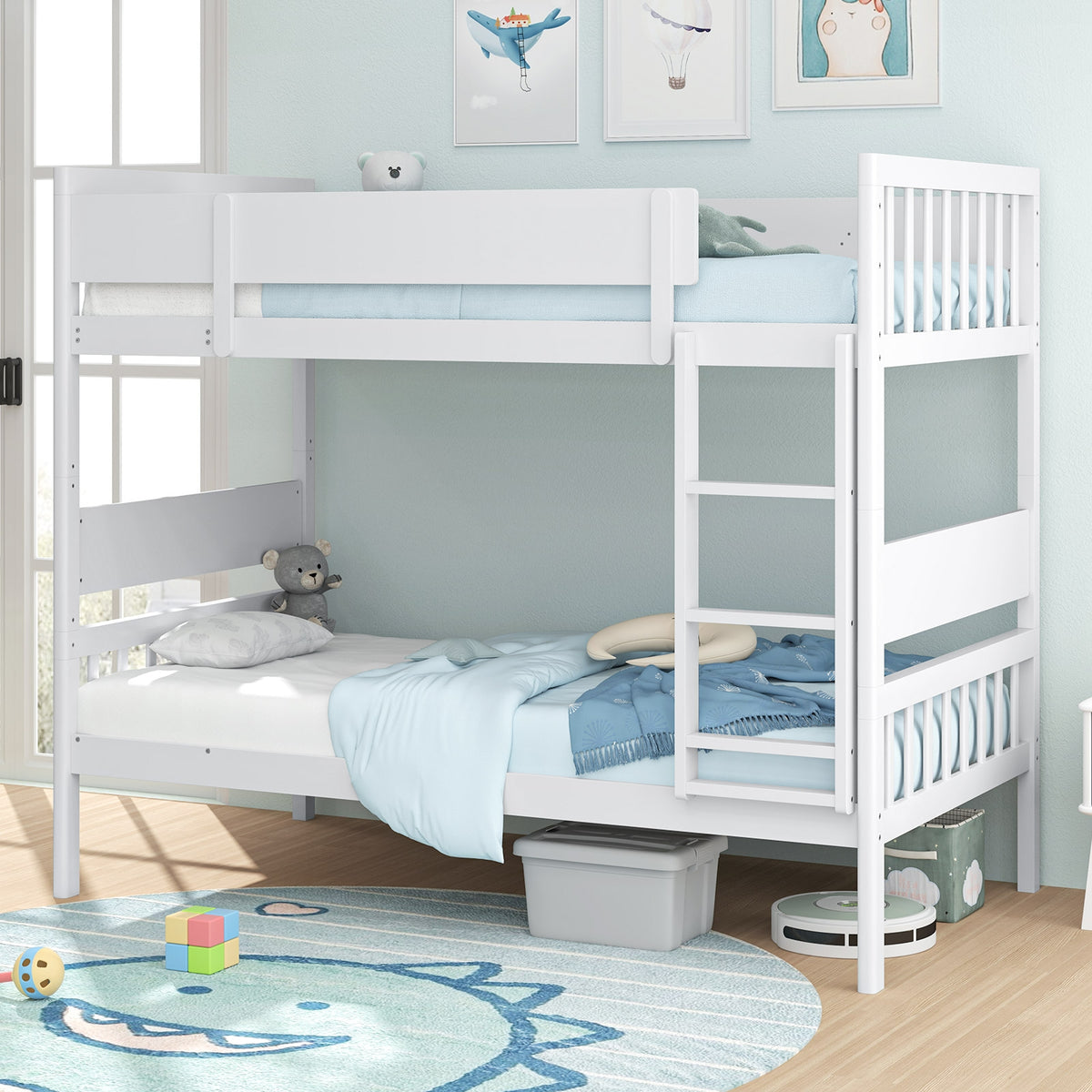 Twin Over Twin Bunk Bed with Ladder and Full-length Guardrails-White-Toddler Beds-DECOROLALA