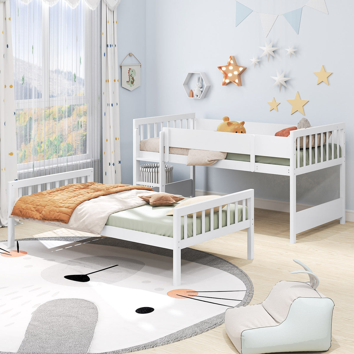 Twin Over Twin Bunk Bed with Ladder and Full-length Guardrails-White-Toddler Beds-DECOROLALA