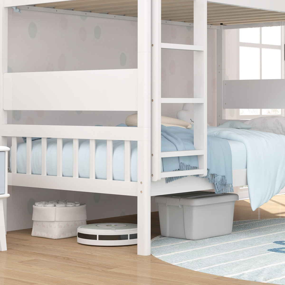 Twin Over Twin Bunk Bed with Ladder and Full-length Guardrails-White-Toddler Beds-DECOROLALA