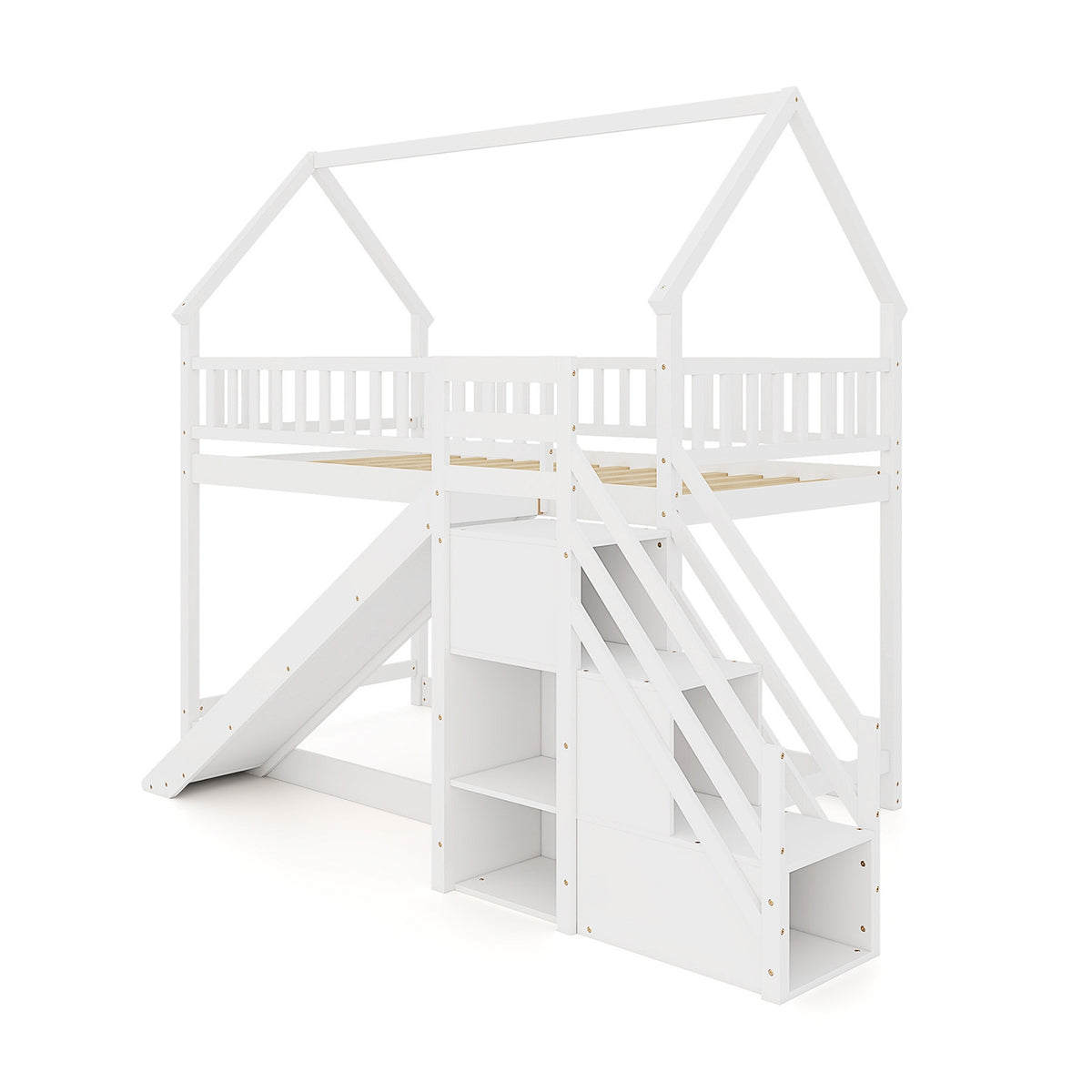 Twin Over Twin Bunk Bed with Slide and Staircase-White-Bunk Bed Frame-DECOROLALA
