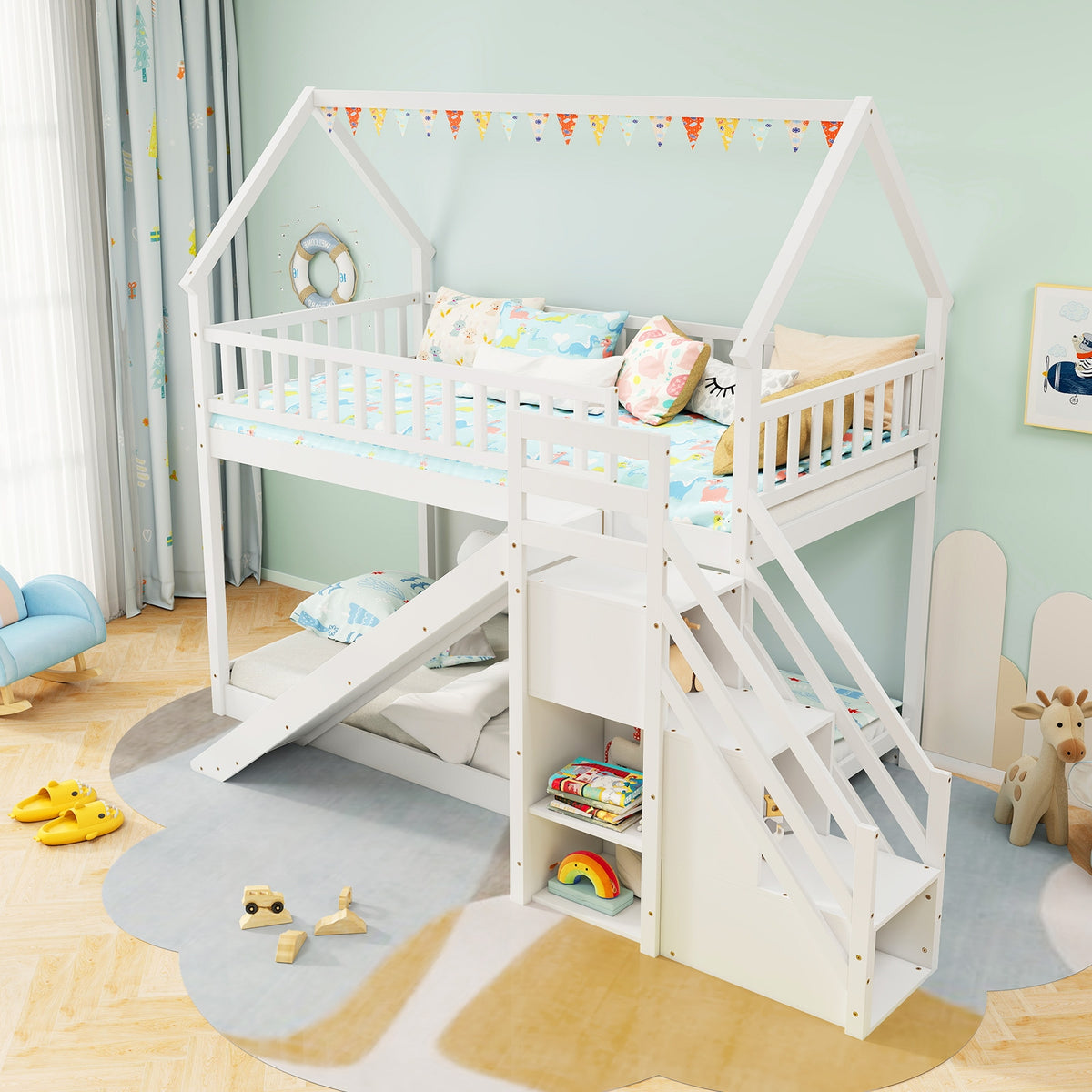 Twin Over Twin Bunk Bed with Slide and Staircase-White-Bunk Bed Frame-DECOROLALA