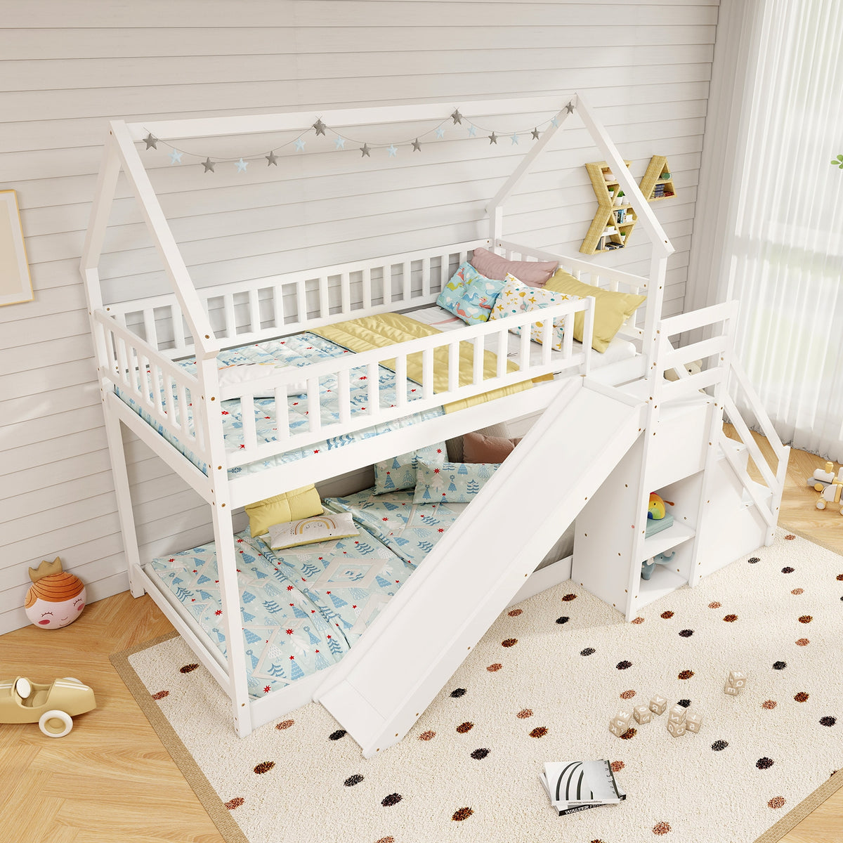 Twin Over Twin Bunk Bed with Slide and Staircase-White-Bunk Bed Frame-DECOROLALA