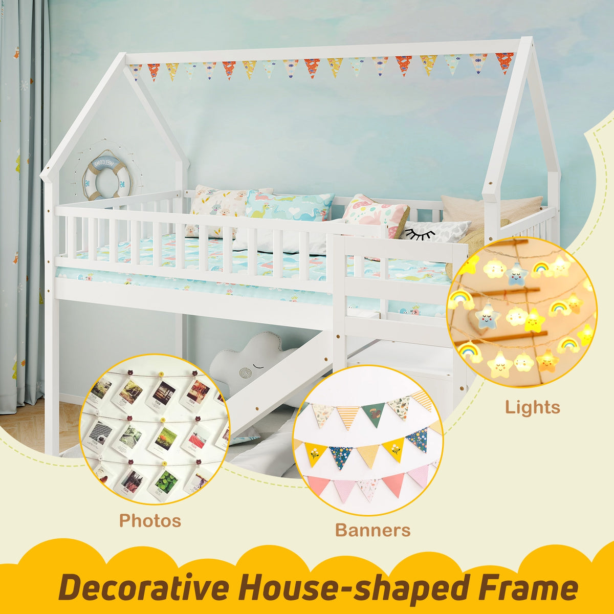 Twin Over Twin Bunk Bed with Slide and Staircase-White-Bunk Bed Frame-DECOROLALA