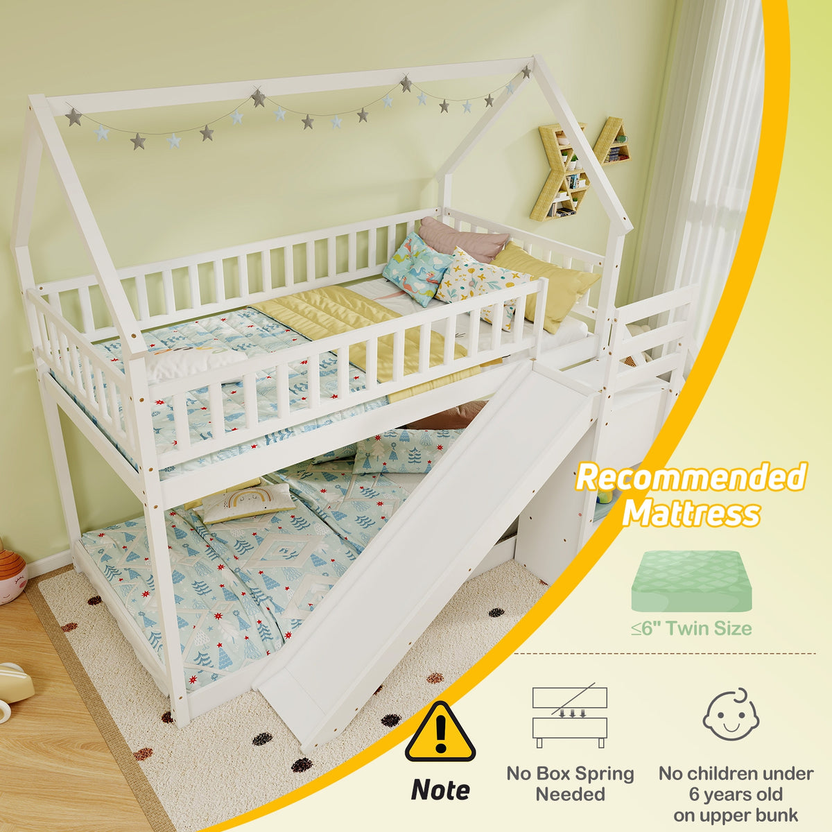 Twin Over Twin Bunk Bed with Slide and Staircase-White-Bunk Bed Frame-DECOROLALA