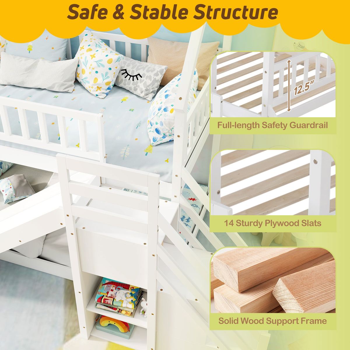 Twin Over Twin Bunk Bed with Slide and Staircase-White-Bunk Bed Frame-DECOROLALA