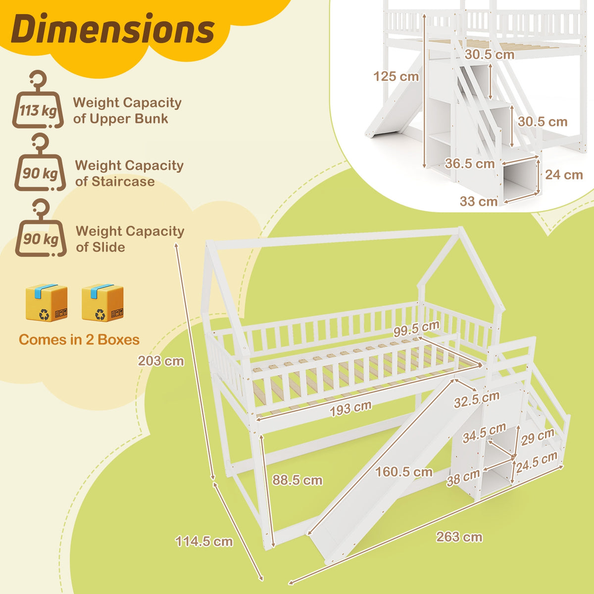 Twin Over Twin Bunk Bed with Slide and Staircase-White-Bunk Bed Frame-DECOROLALA