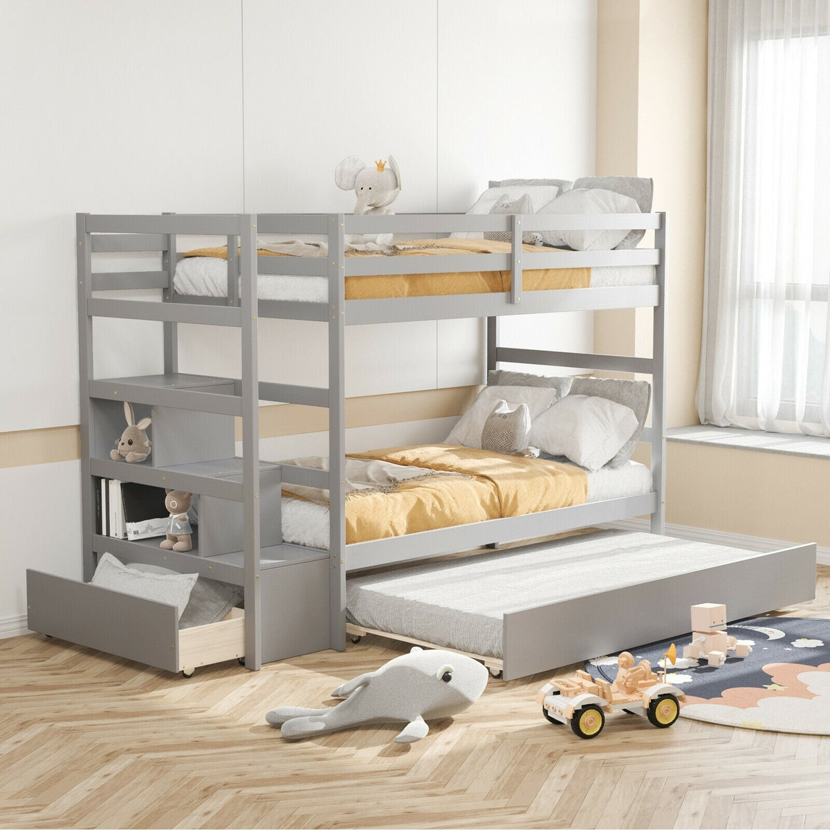 Twin Over Twin Bunk Bed with Storage Shelf and Drawer-Espresso-Bunk Bed Frame-DECOROLALA