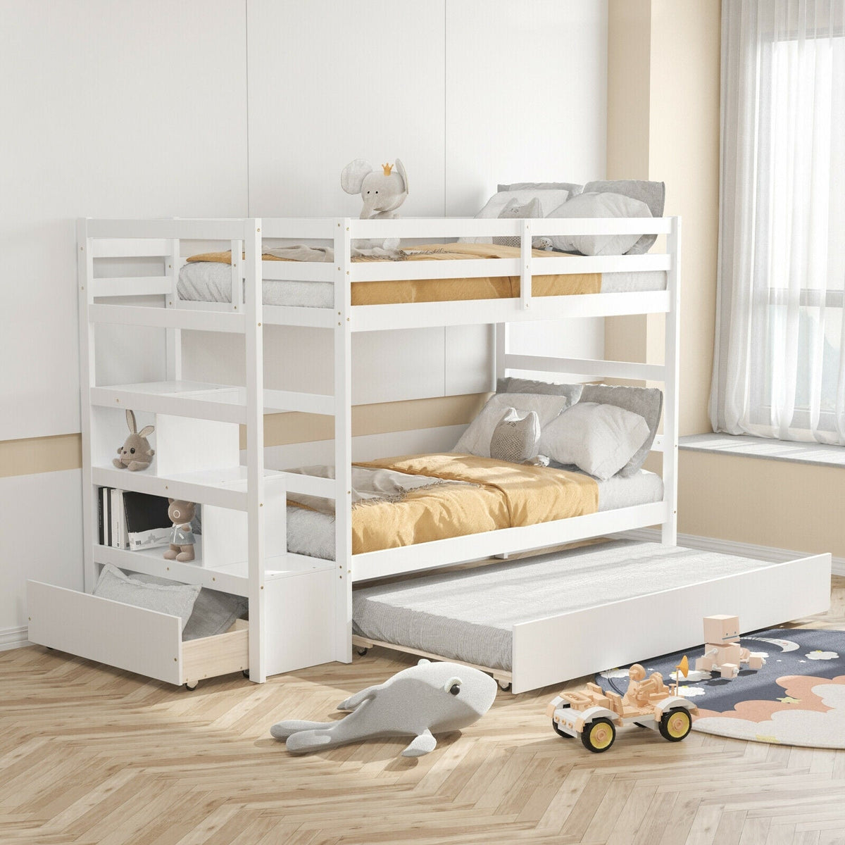 Twin Over Twin Bunk Bed with Storage Shelf and Drawer-Espresso-Bunk Bed Frame-DECOROLALA
