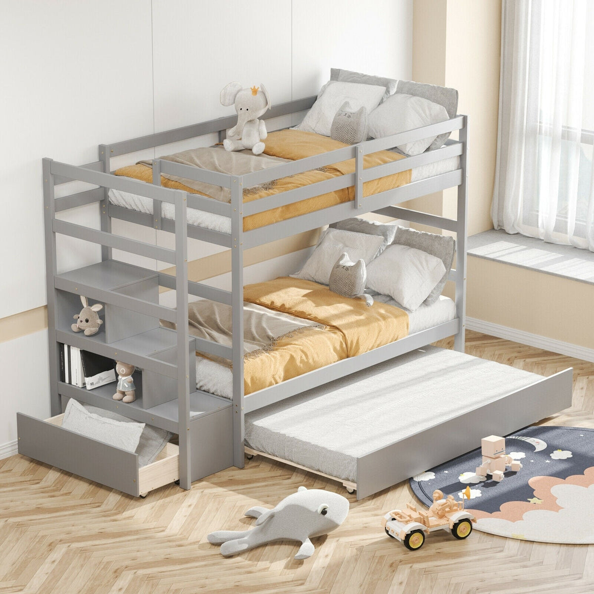 Twin Over Twin Bunk Bed with Storage Shelf and Drawer-Espresso-Bunk Bed Frame-DECOROLALA