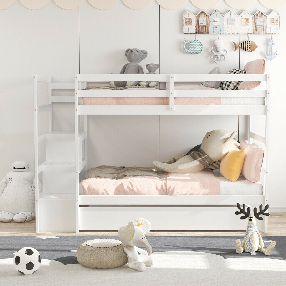 Twin Over Twin Bunk Bed with Storage Shelf and Drawer-Espresso-Bunk Bed Frame-DECOROLALA