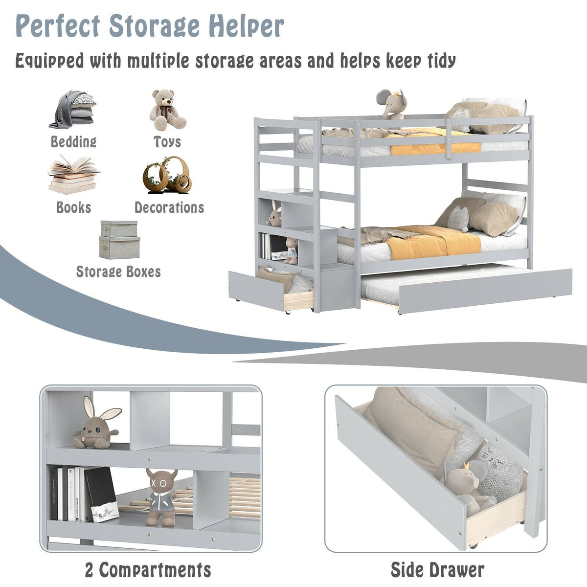 Twin Over Twin Bunk Bed with Storage Shelf and Drawer-Espresso-Bunk Bed Frame-DECOROLALA