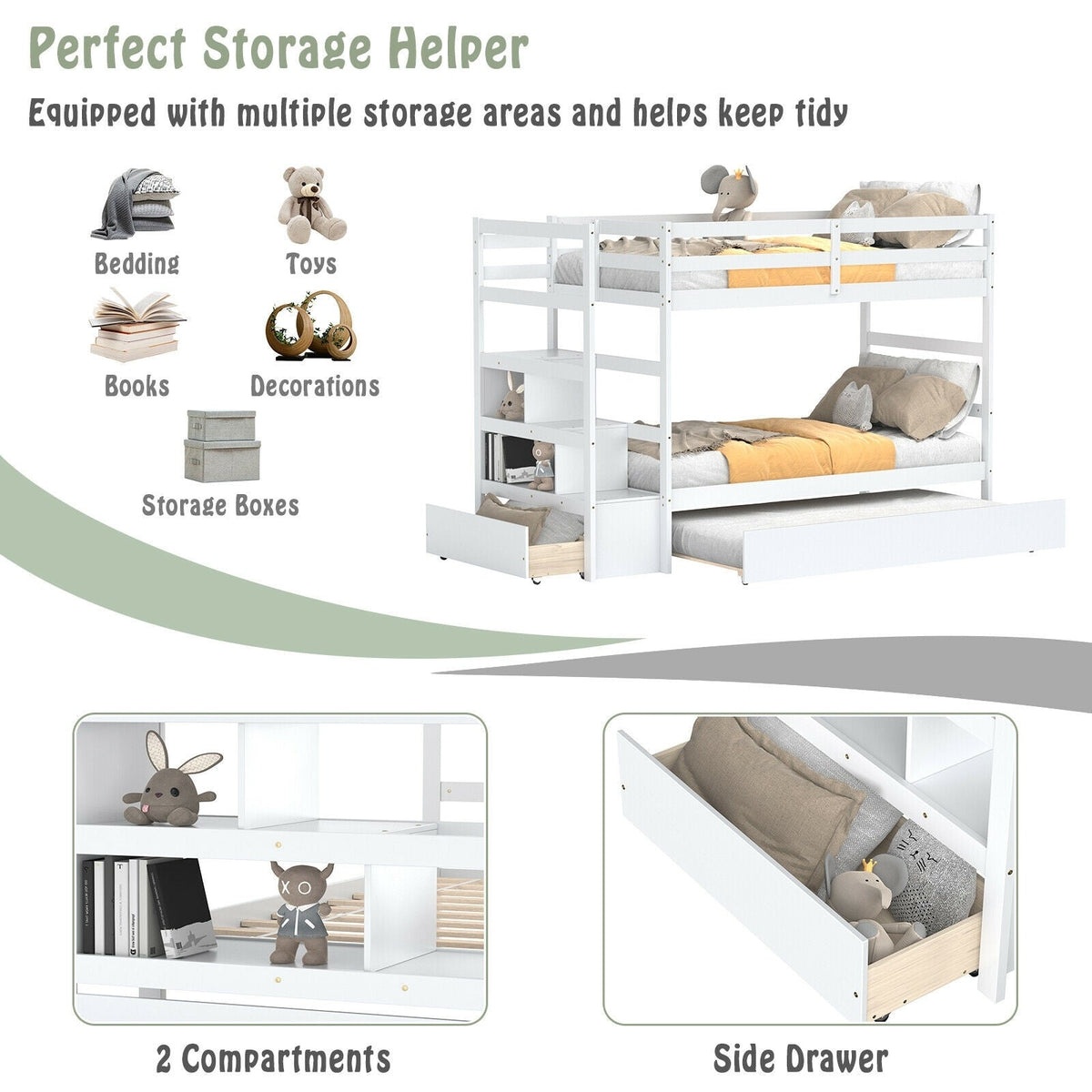 Twin Over Twin Bunk Bed with Storage Shelf and Drawer-Espresso-Bunk Bed Frame-DECOROLALA