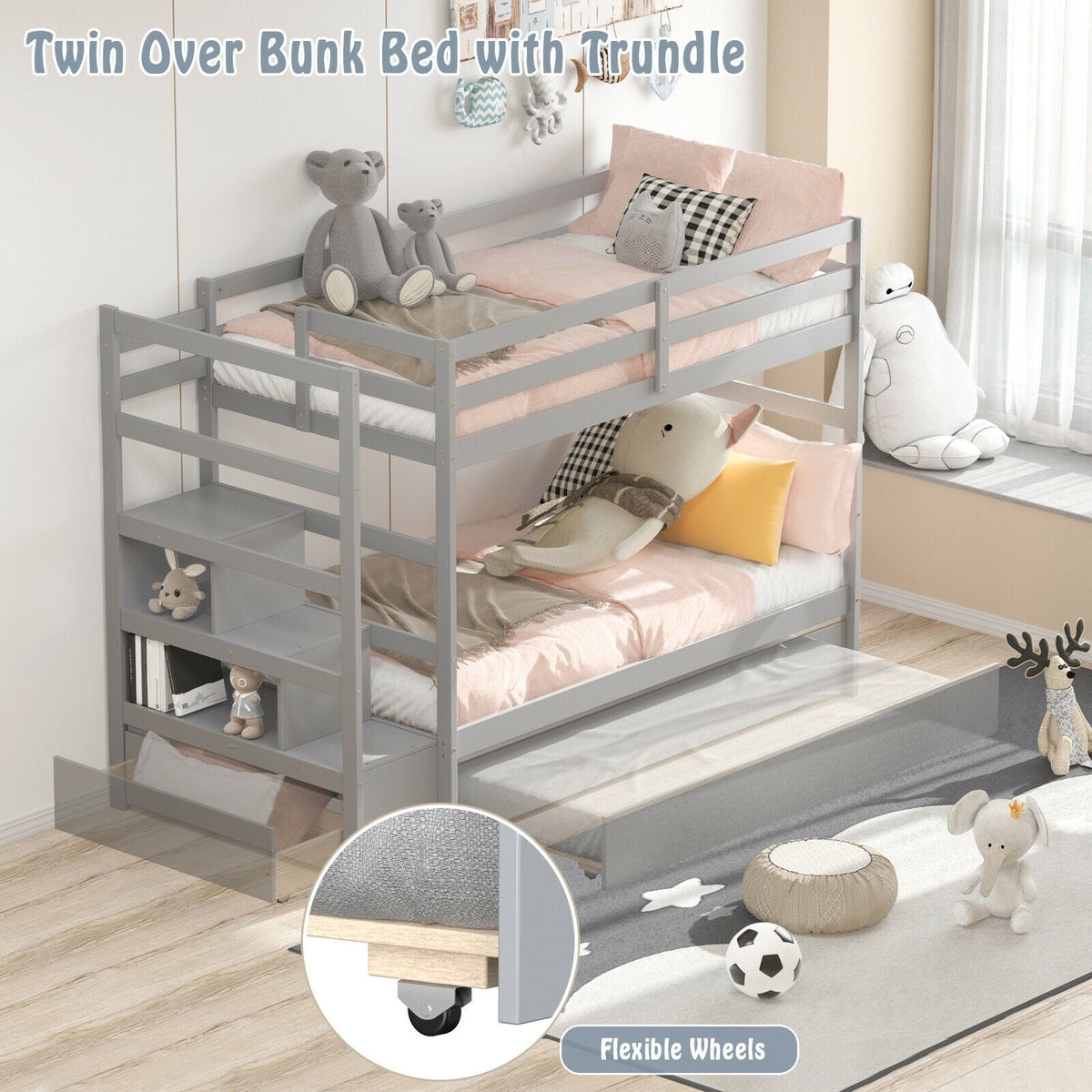 Twin Over Twin Bunk Bed with Storage Shelf and Drawer-Espresso-Bunk Bed Frame-DECOROLALA