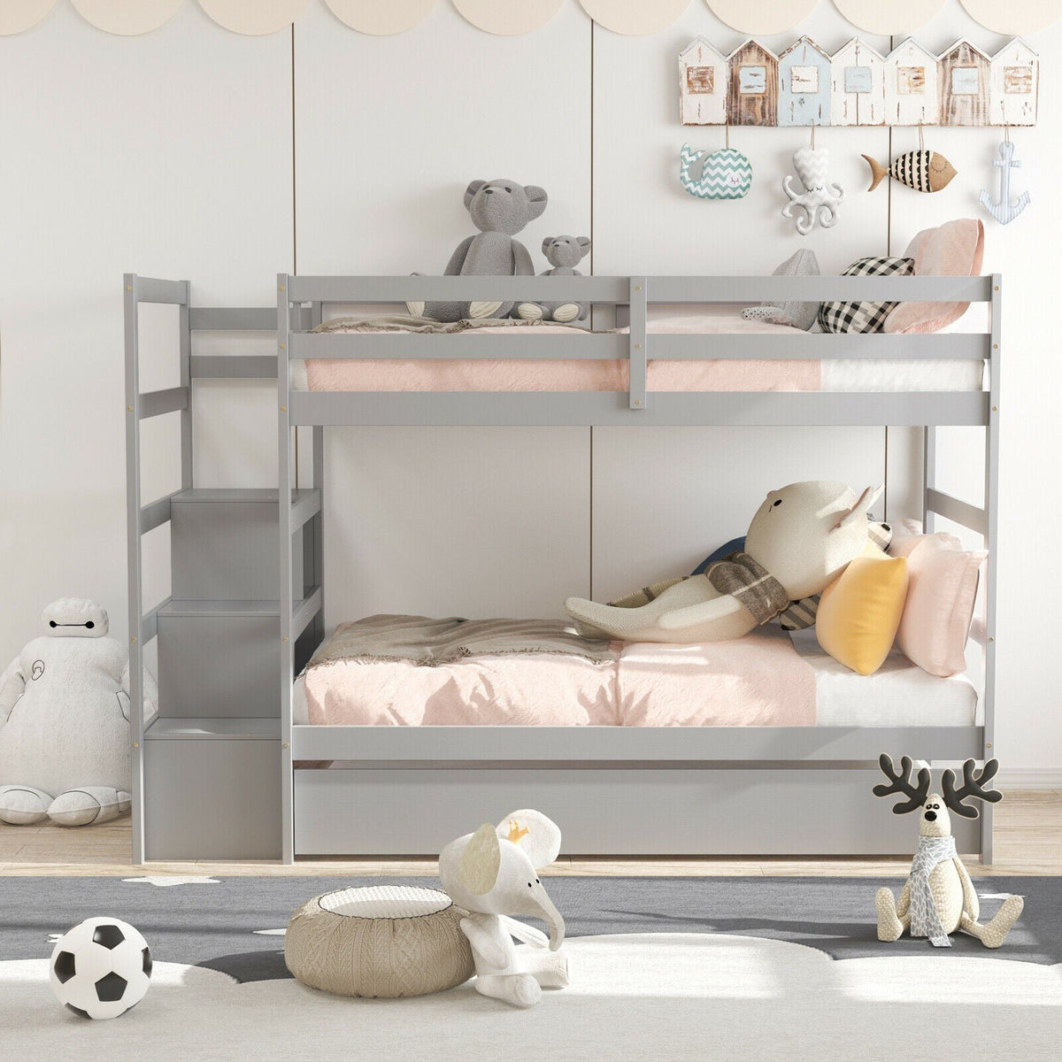 Twin Over Twin Bunk Bed with Storage Shelf and Drawer-Espresso-Bunk Bed Frame-DECOROLALA