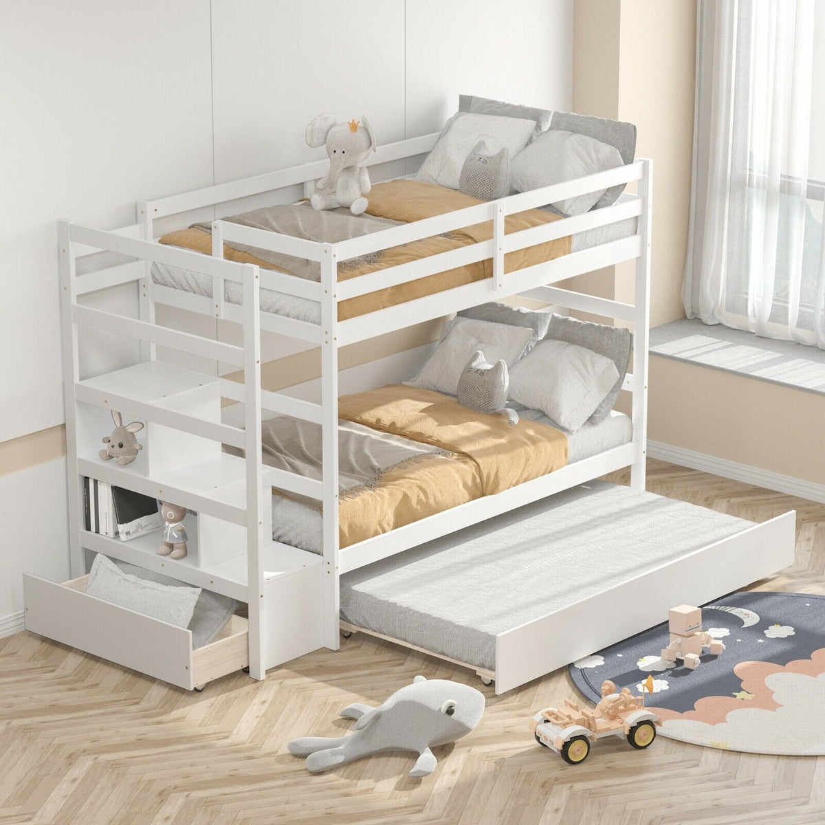Twin Over Twin Bunk Bed with Storage Shelf and Drawer-Espresso-Bunk Bed Frame-DECOROLALA
