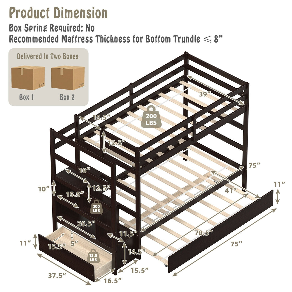 Twin Over Twin Bunk Bed with Storage Shelf and Drawer-Espresso-Bunk Bed Frame-DECOROLALA