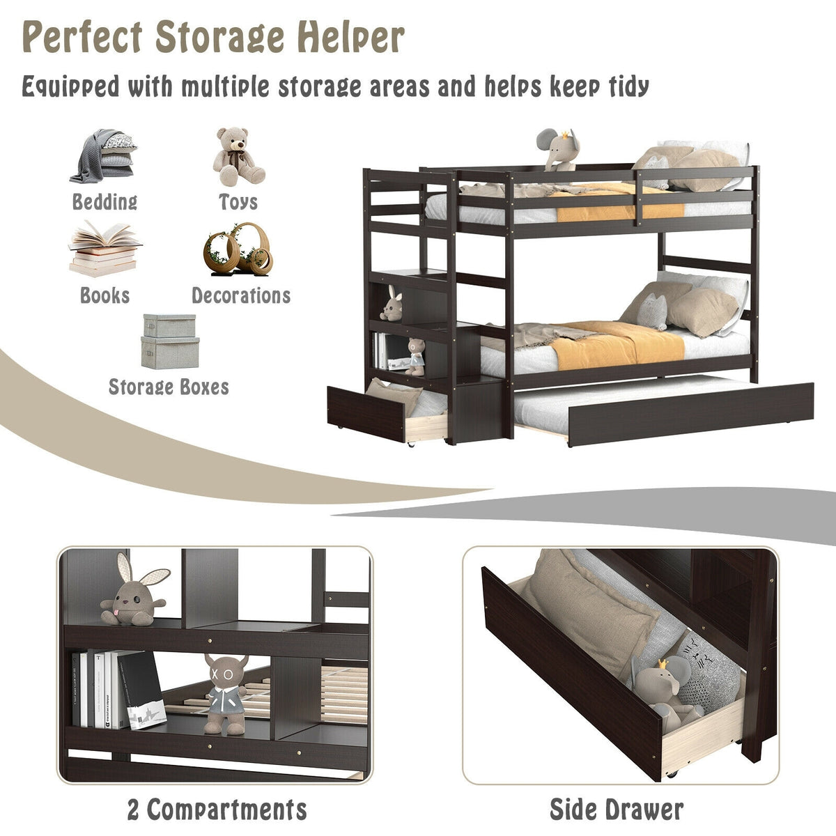 Twin Over Twin Bunk Bed with Storage Shelf and Drawer-Espresso-Bunk Bed Frame-DECOROLALA