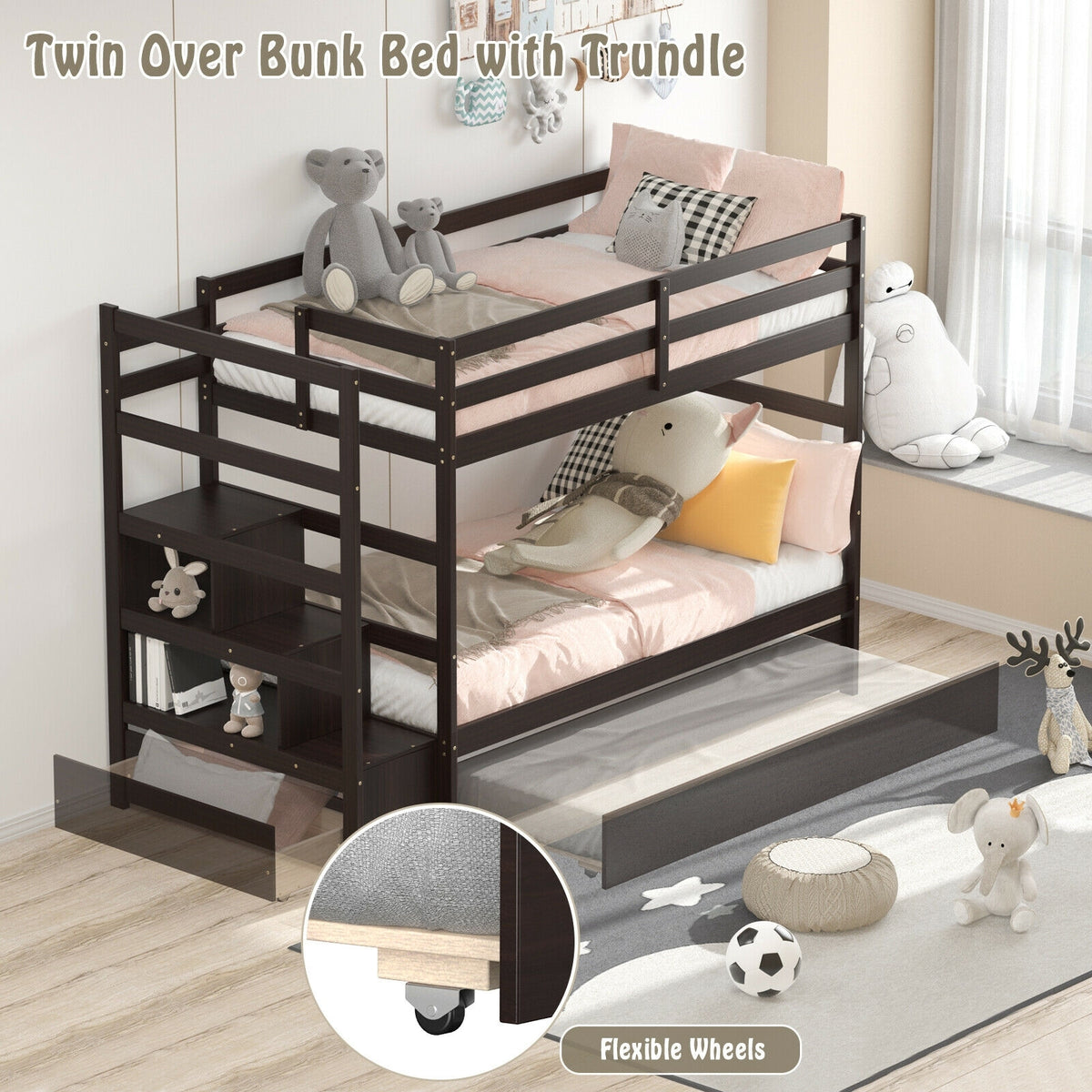 Twin Over Twin Bunk Bed with Storage Shelf and Drawer-Espresso-Bunk Bed Frame-DECOROLALA