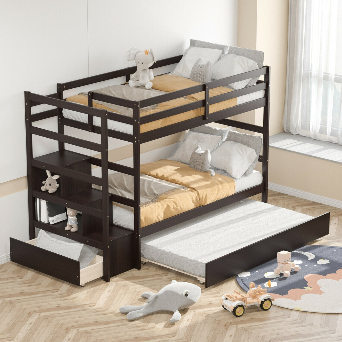 Twin Over Twin Bunk Bed with Storage Shelf and Drawer-Espresso-Bunk Bed Frame-DECOROLALA