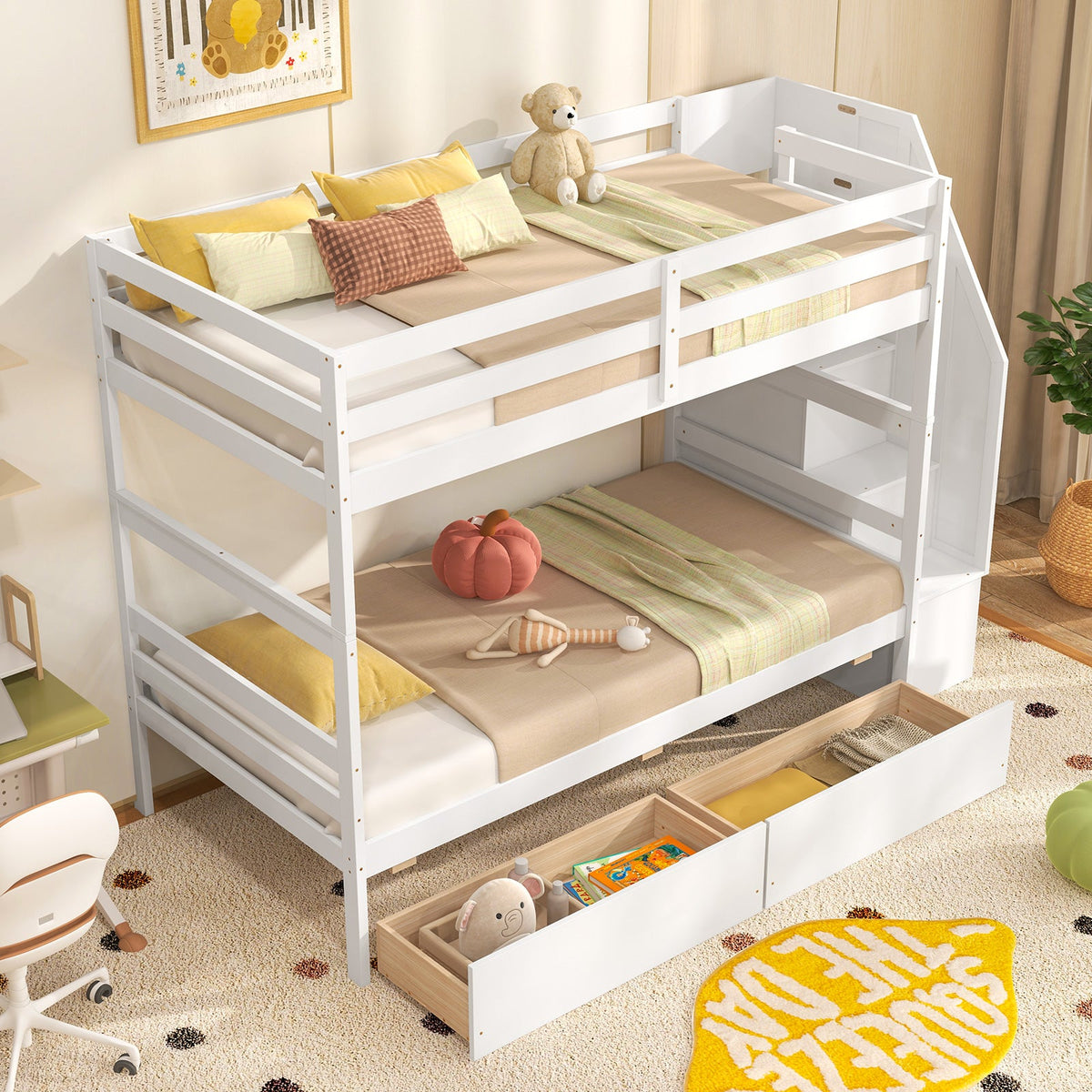 Twin Over Twin Bunk Bed with Storage Stairs and Drawers-Bunk Bed Frame-DECOROLALA