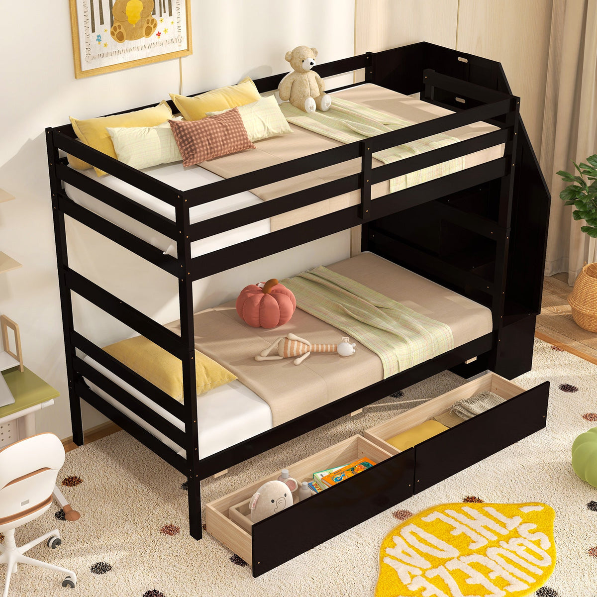 Twin Over Twin Bunk Bed with Storage Stairs and Drawers-Bunk Bed Frame-DECOROLALA