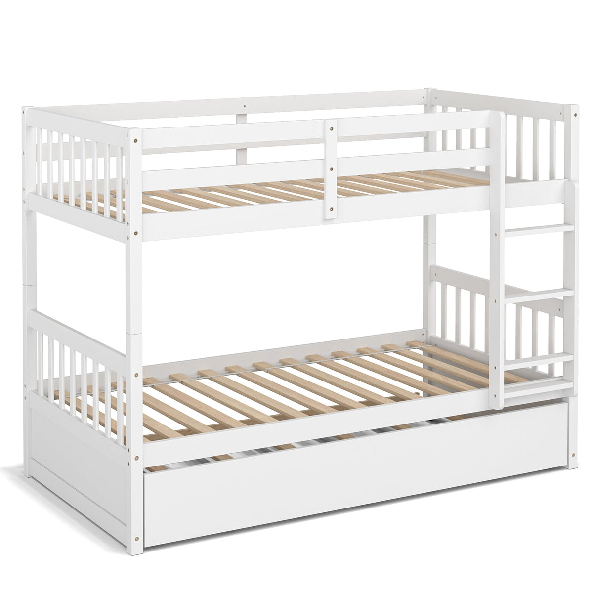 Twin Over Twin Bunk Bed with Trundle and Ladder - White Pine Wood-Bunk Bed Frame-DECOROLALA