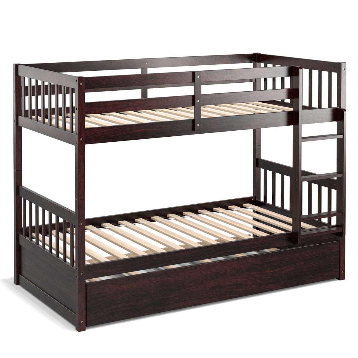 Twin Over Twin Bunk Bed with Trundle and Ladder - White Pine Wood-Bunk Bed Frame-DECOROLALA