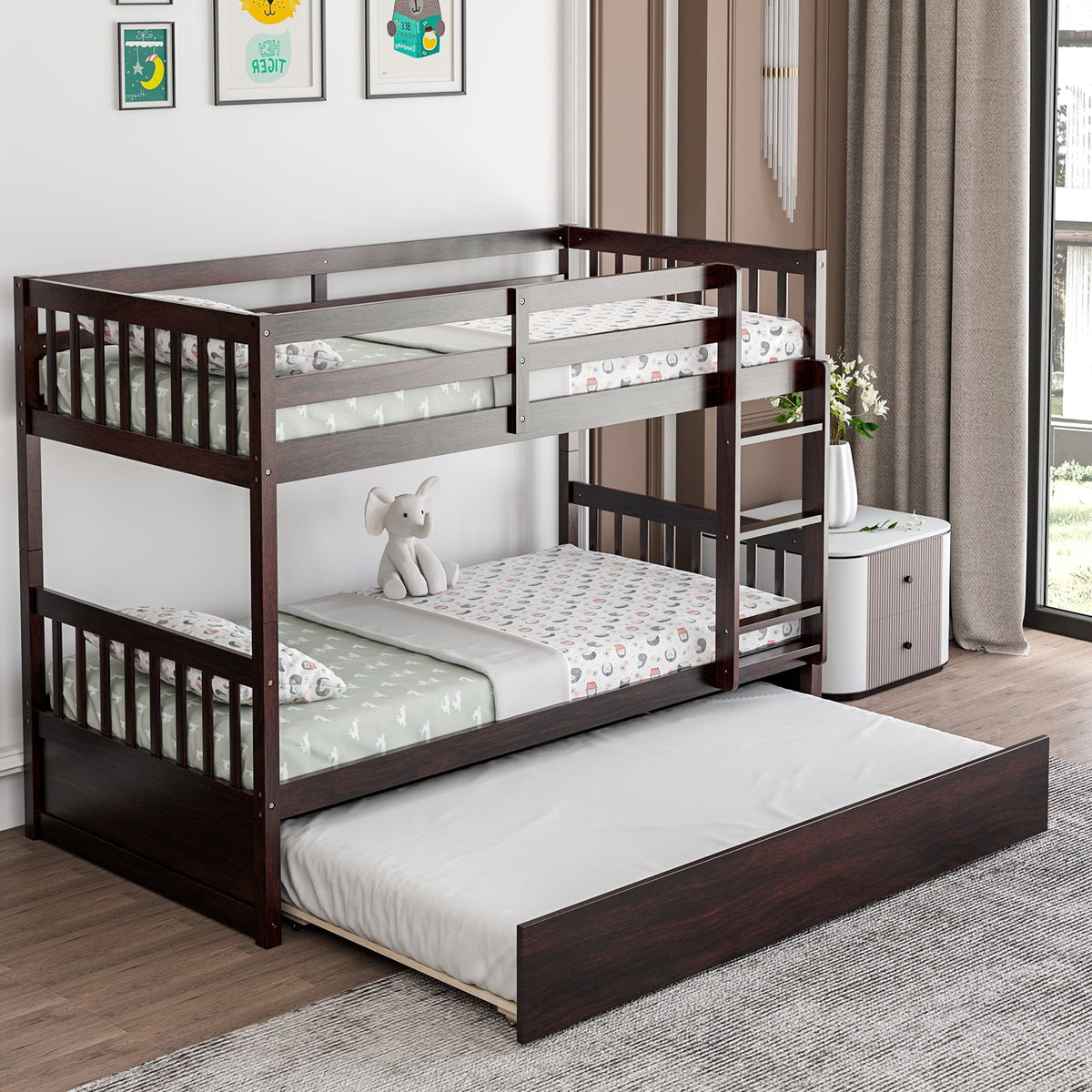 Twin Over Twin Bunk Bed with Trundle and Ladder - White Pine Wood-Bunk Bed Frame-DECOROLALA
