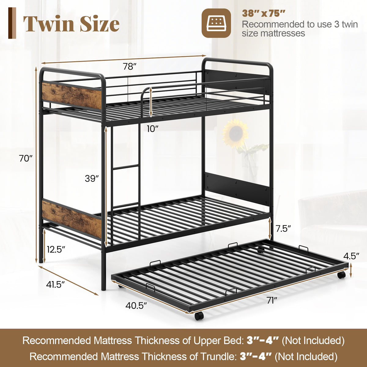 Twin Over Twin Bunk Bed with Trundle with Ladder and Full-length Guardrails-Black-Bunk Bed Frame-DECOROLALA