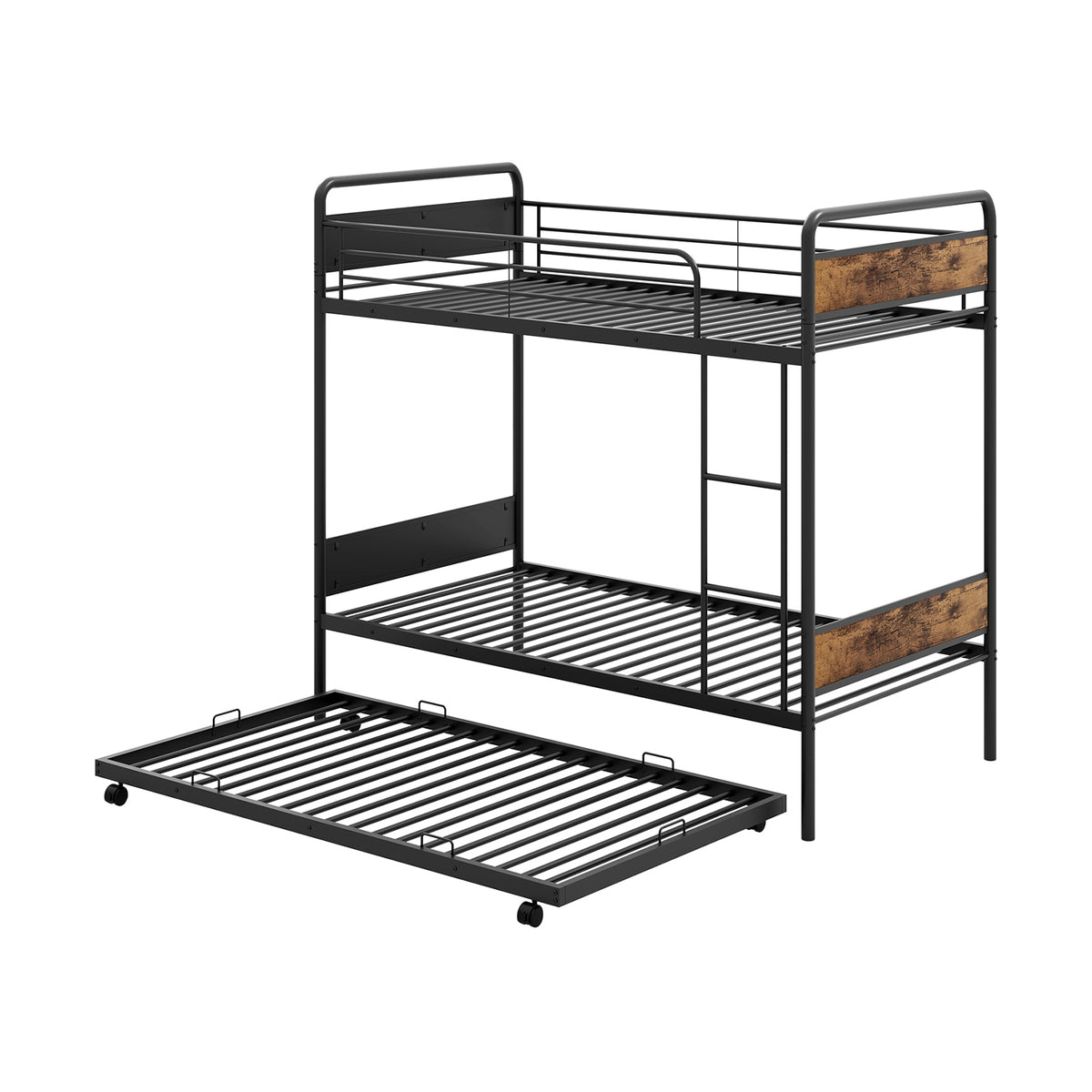 Twin Over Twin Bunk Bed with Trundle with Ladder and Full-length Guardrails-Black-Bunk Bed Frame-DECOROLALA