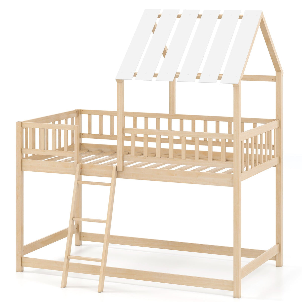 Twin Over Twin House Bunk Bed - Solid Pine Wood with Roof-Bunk Bed Frame-DECOROLALA