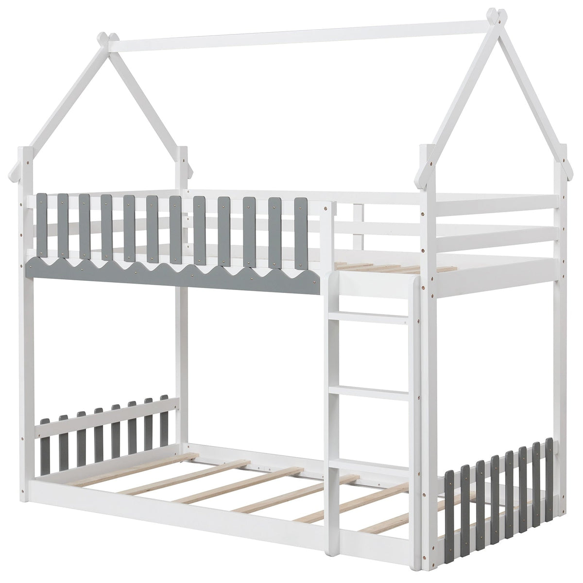 Twin Over Twin House Bunk Bed with Ladder - Solid Wood-Bunk Bed Frame-DECOROLALA