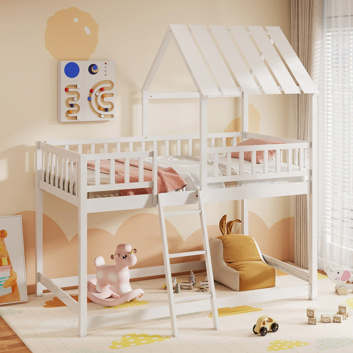 Twin Over Twin House Bunk Bed with Roof and Full-length Guardrails for Kids Teens Boys Girls-Bunk Bed Frame-DECOROLALA