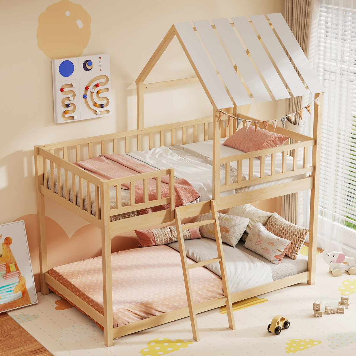 Twin Over Twin House Bunk Bed with Roof and Full-length Guardrails for Kids Teens Boys Girls-Bunk Bed Frame-DECOROLALA