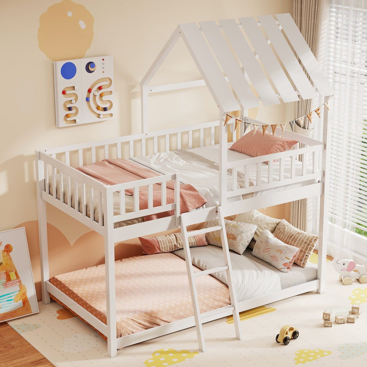 Twin Over Twin House Bunk Bed with Roof and Full-length Guardrails for Kids Teens Boys Girls-Bunk Bed Frame-DECOROLALA
